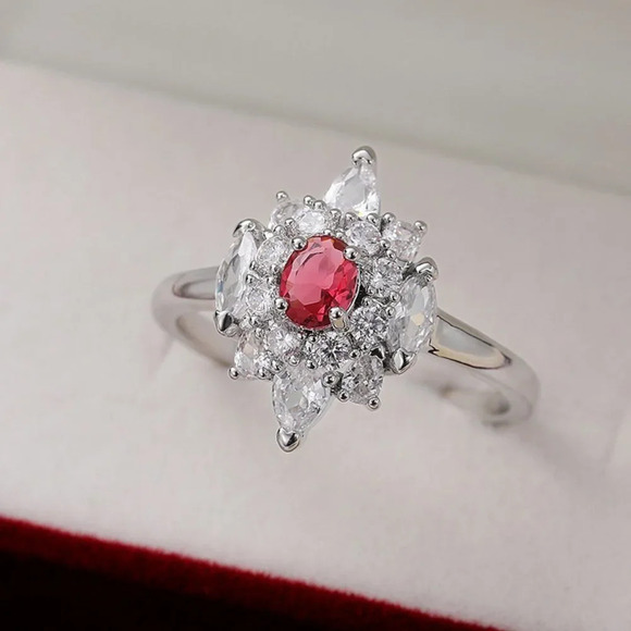 🔥LUXURY RUBY OLD MINE DIAMOND NOBLE SILVER SHINY FLOWER DAINTY RING, K920 - Picture 7 of 7
